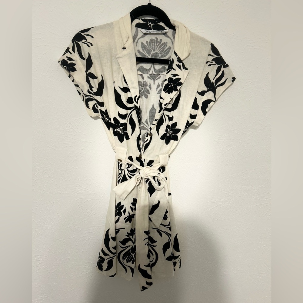 ZARA small linen button front tie waist mini dress